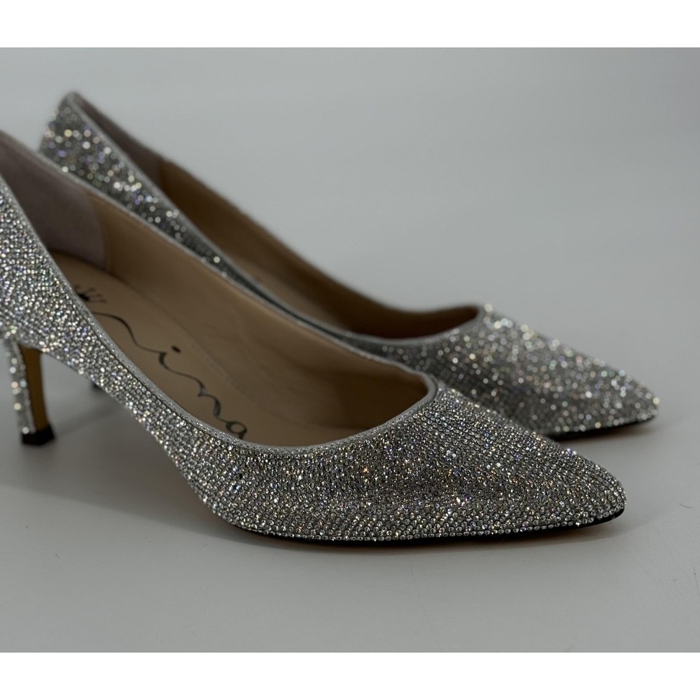 Nina Pumps Women 7M Silver Crystal Embellished Pointed Toe Kitten Heel